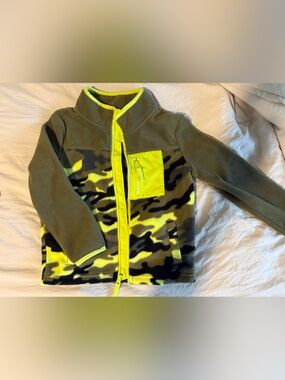 Olive Green Fleece Jacket with Neon Yellow Trim